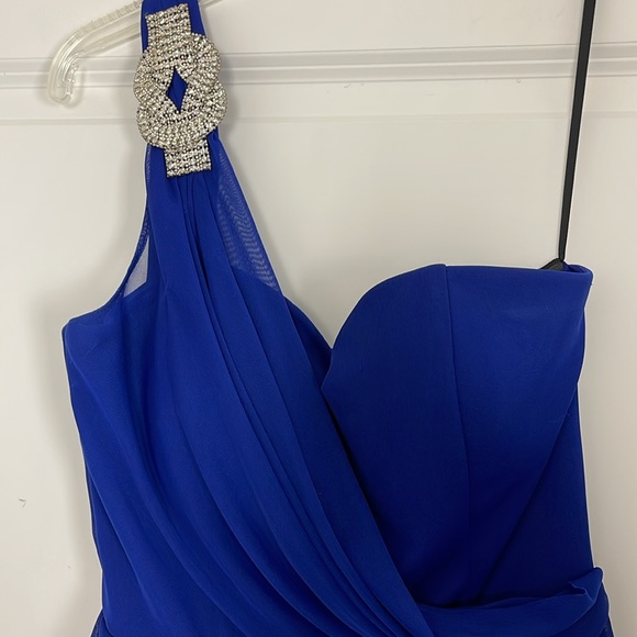 XSCAPE Royal Blue One Shoulder Peplum Gown Rhinestones Formal Wedding Guest Prom - Picture 3 of 9